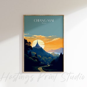 May include: A vintage travel poster with a blue, orange, and yellow color scheme. The poster features a silhouette of a temple on a hilltop with a winding road leading up to it. The text "CHIANG MAI, Thailand" is at the top of the poster.