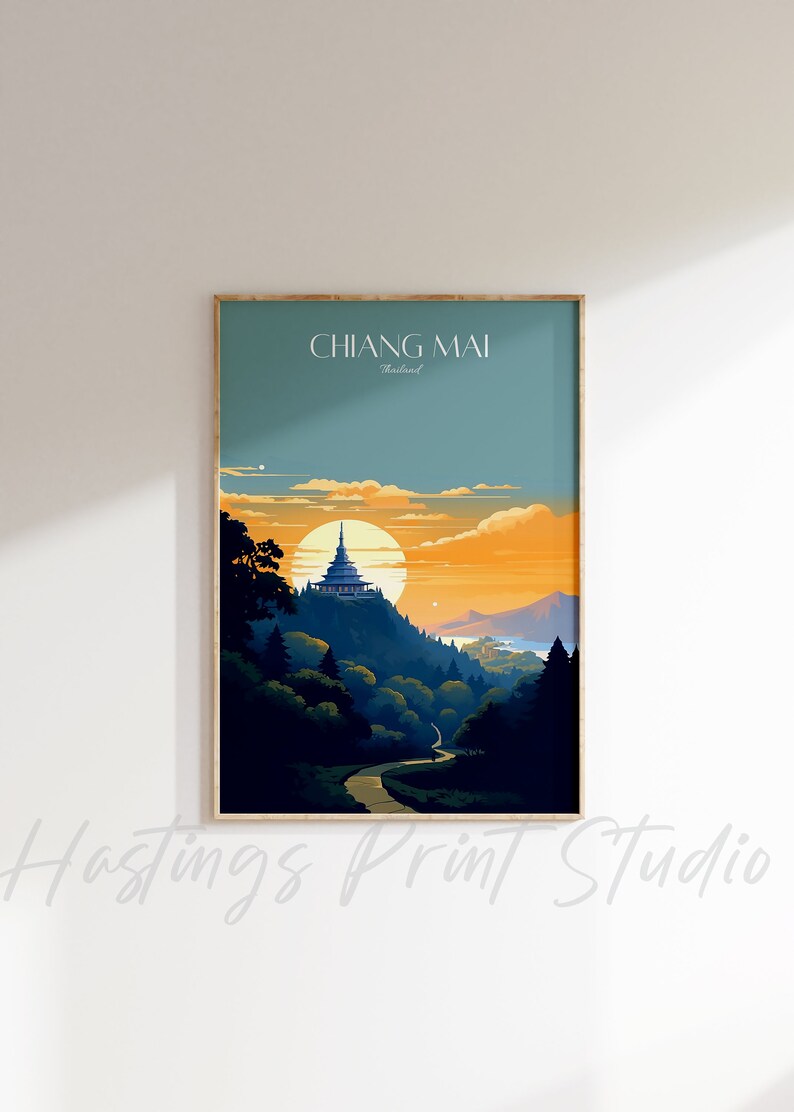 May include: A vintage travel poster with a blue, orange, and yellow color scheme. The poster features a silhouette of a temple on a hilltop with a winding road leading up to it. The text "CHIANG MAI, Thailand" is at the top of the poster.