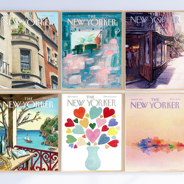 New Yorker Set of 6 Cover Prints,Pastel Colourful, Magazine Print, Vintage poster, Pink, Blue, Soft Warm,Bedroom Wall Decor, Gift Idea,Set 2