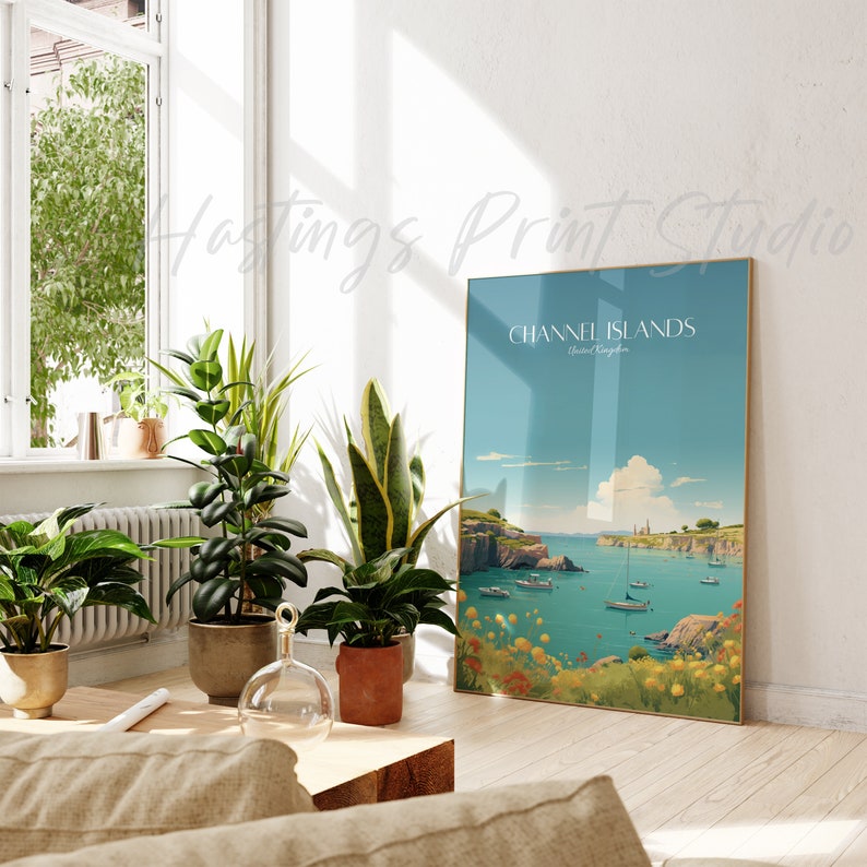 May include: A vintage travel poster with a blue and green color scheme depicting a scenic view of the Channel Islands, United Kingdom. The poster features a body of water with boats and islands in the distance. The text "CHANNEL ISLANDS" is printed in white at the top of the poster.