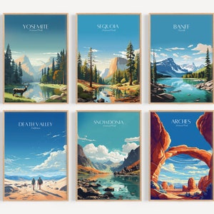 May include: Six colorful vintage-style travel posters featuring national parks in the United States and Canada. The posters feature scenic landscapes with mountains, lakes, and forests. The parks featured are Yosemite, Sequoia, Banff, Death Valley, Snowdonia, and Arches.