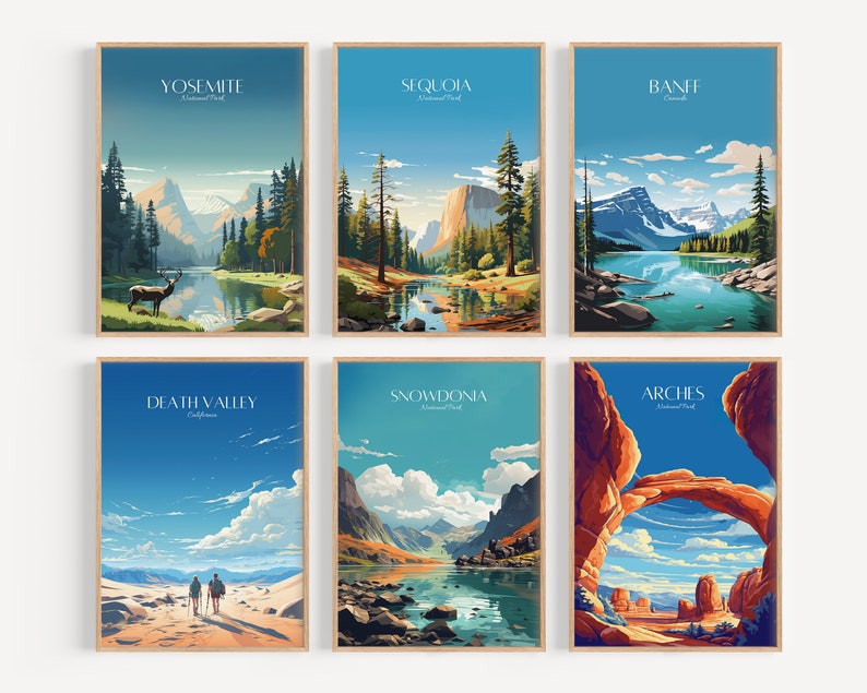 May include: Six colorful vintage-style travel posters featuring national parks in the United States and Canada. The posters feature scenic landscapes with mountains, lakes, and forests. The parks featured are Yosemite, Sequoia, Banff, Death Valley, Snowdonia, and Arches.