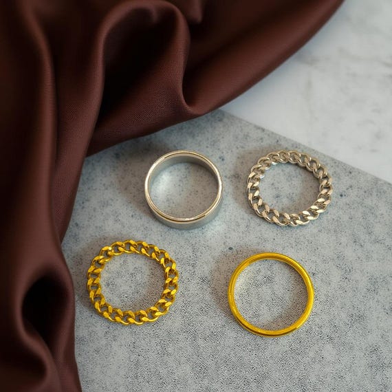 Unique Ring Set, Curb Link Chain Ring, Simple Ban… - image 1