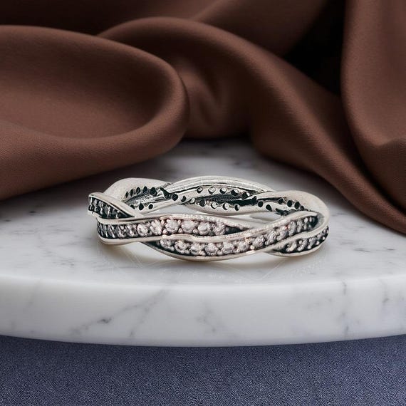 Stackable Silver Twisted Pavé Ring, Elegant Inter… - image 3