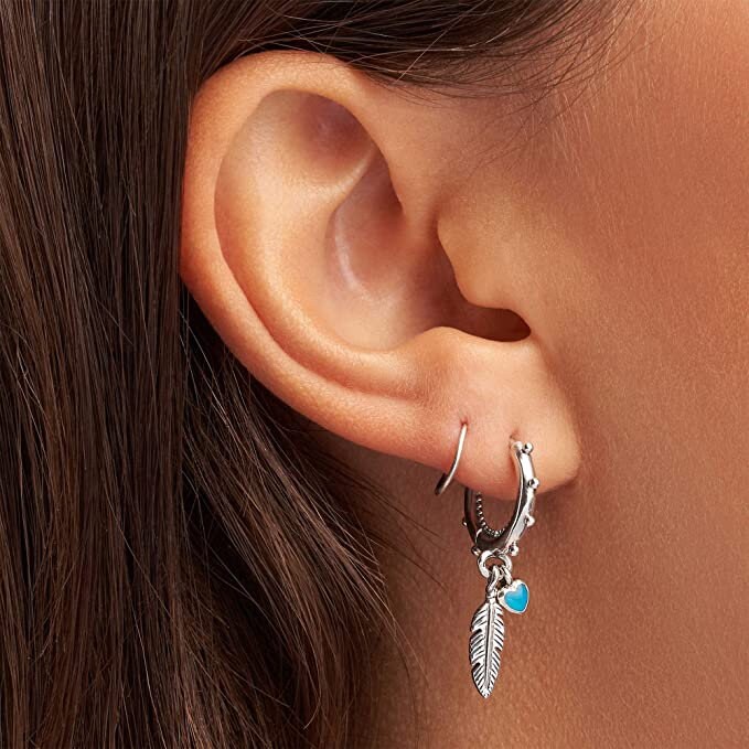 Turquoise Hearts Feather Hoop Earrings Pandora Earrings Women