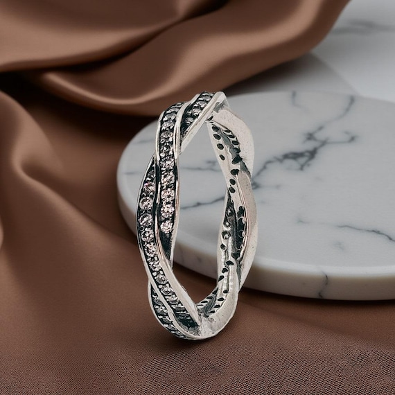 Stackable Silver Twisted Pavé Ring, Elegant Inter… - image 4