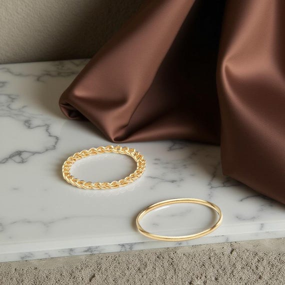 Unique Ring Set, Curb Link Chain Ring, Simple Ban… - image 4