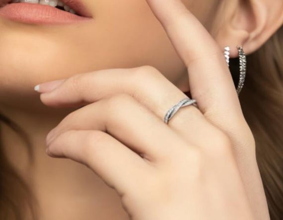 Stackable Silver Twisted Pavé Ring, Elegant Inter… - image 2