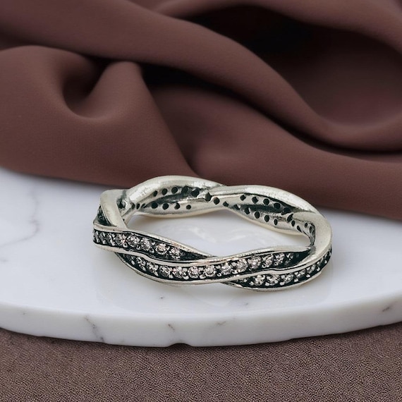 Stackable Silver Twisted Pavé Ring, Elegant Inter… - image 1