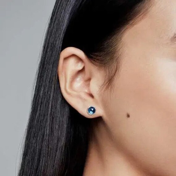 Blue Sparkling Crown Stud Earrings Silver Pandora Women Earrings
