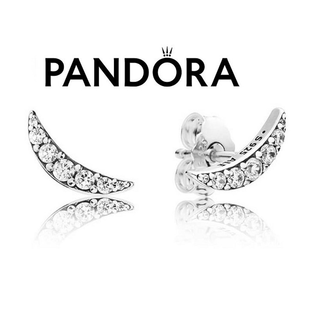 Sterling Silver Pandora Earrings, Sparkling Lunar Stud Earrings, Cubic