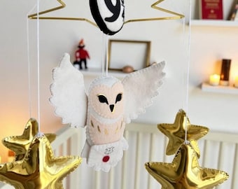 Felt Baby Mobile – Wizard Owl and Golden Stars Nursery Decor