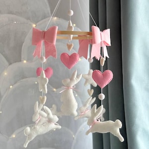 Pink Rabbits Baby Mobile, Woodland Felt Mobile, Jumping Bunny Crib Mobile, Neutral Nursery Decor, Baby Shower Gift
