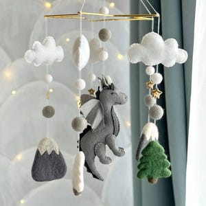 Dragon Baby Mobile – Fantasy Nursery Decor, Felt Crib Mobile with Mountains, Clouds & Dragons – Baby Shower Gift for Boys or Girls