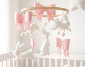 Pink Bows White Rabbits Felt Baby Mobile, Woodland Nursery Decor