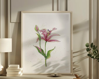 Botanical Watercolor Stargazer Wall Art, Stargazer Lily Flower Art Print, Canvas Prints, Pink Botanical Watercolor, Colorful Illustration