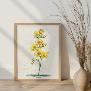 Yellow Freesia Watercolor Flower, Flower Wall Art, Colorful Botanical Illustration, Floral Home Decor, Living Room Wall Art, Floral Prints