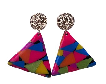 90s themed triangular shaped polymer clay earrings with uv resin and stainless steel studs/gold hammered stud