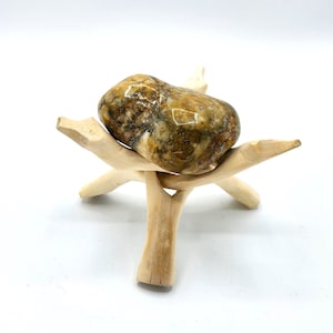 Large Great Lakes Orange Black White Marble Quartz Chalcedony Tumbled Rock / Stone on Wooden Stand