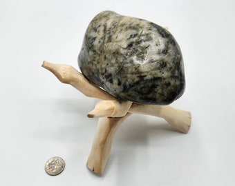 X-Large Great Lakes Green Chalcedony Quartz Tumbled Rock / Stone on Wooden Stand