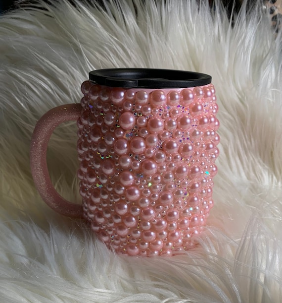 Pink pearl and rhinestone 14 oz. stainless steel coffee cup with handle