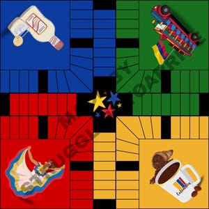 May include: A vibrant board game design showcasing Colombian culture. The game board is split into four coloured sections, each with a different image. The sections include a bottle, a truck, a dancer, and a coffee cup. The word "Colombia" is on the coffee cup.