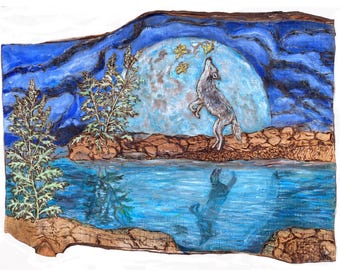 The Moon, the Luna Moths and the Mugwort, wood burned art