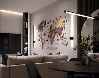 Art mural carte du monde en bois, carte en bois avec punaises pour décoration d'intérieur, cadeaux de pendaison de crémaillère pour lui, carte de voyage, décoration murale carte du monde, Weltkarte Holz