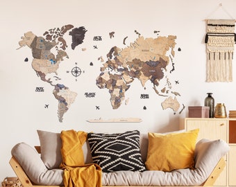 Wooden World Map Travel Map, Above Bed Decor, Wall Decor, 5th Anniversary Gift, Weltkarte Holz