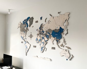 Arte da parete mappa del mondo in legno con puntina, decorazione mappa in legno regalo per il 5° anniversario, mappa del mondo in legno da viaggio, KokoBoloDesign