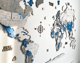 3D Wooden World Map Wall Art, Lagoon Blue Coastal Decor, 5th Anniversary Gift, Push Pin Travel Map, Above Bed Housewarming Gift