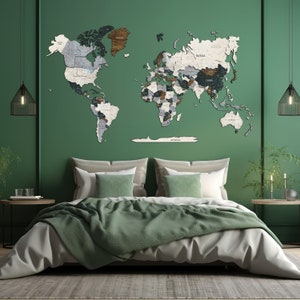 Carte de voyage 3D, mur vert, carte en bois vert, carte en bois avec punaises, carte en bois personnalisée, art de la carte du monde voyage, carte en bois avec épingles, mur d'accent de carte