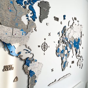 Carte du monde 3D en bois bleu avec impression détaillée pour décoration murale • Carte du monde en bois « The Story of Your Travels »