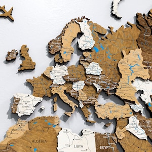 Grande carte du monde en bois 3D pour le bureau et la maison - Art de carte en bois unique pour mur, art mural carte du monde, carte du monde,