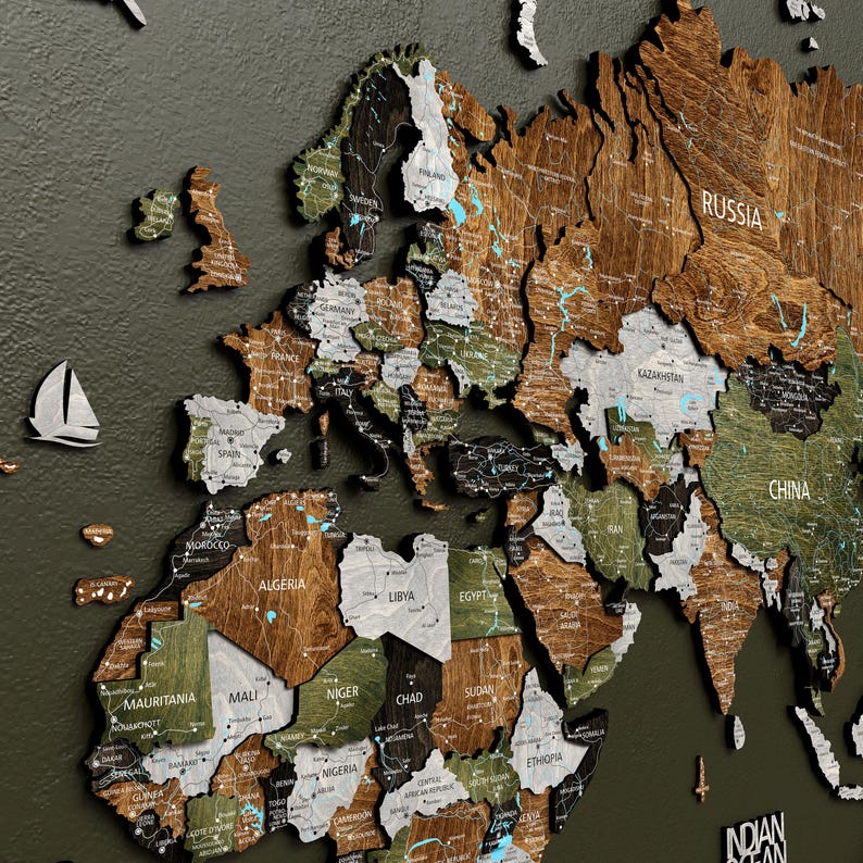 Rustic country-style world map perfectly integrated into a cozy living room interior.
