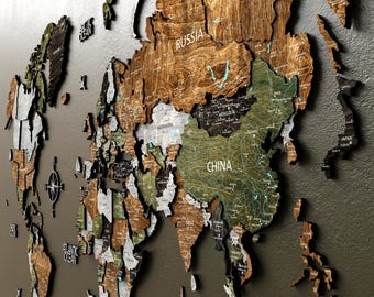 Grande carte du monde en bois, cadeau de 5e anniversaire d'art mural, carte du monde en bois avec punaises de voyage, carte du monde 3D au-dessus du lit, décoration murale Weltkarte Holz