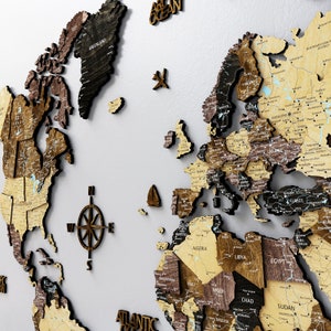 Art mural carte du monde 3D en bois, guide de voyage cadeau 7e anniversaire, décoration murale itinéraire de voyage carte du monde