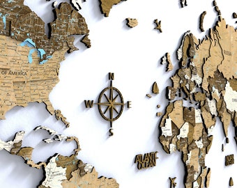 Grande carte du monde murale Art déco, cadeau 5e anniversaire, carte du monde avec punaises en bois 3D, carte du monde de bureau 3D, Weltkarte Holz