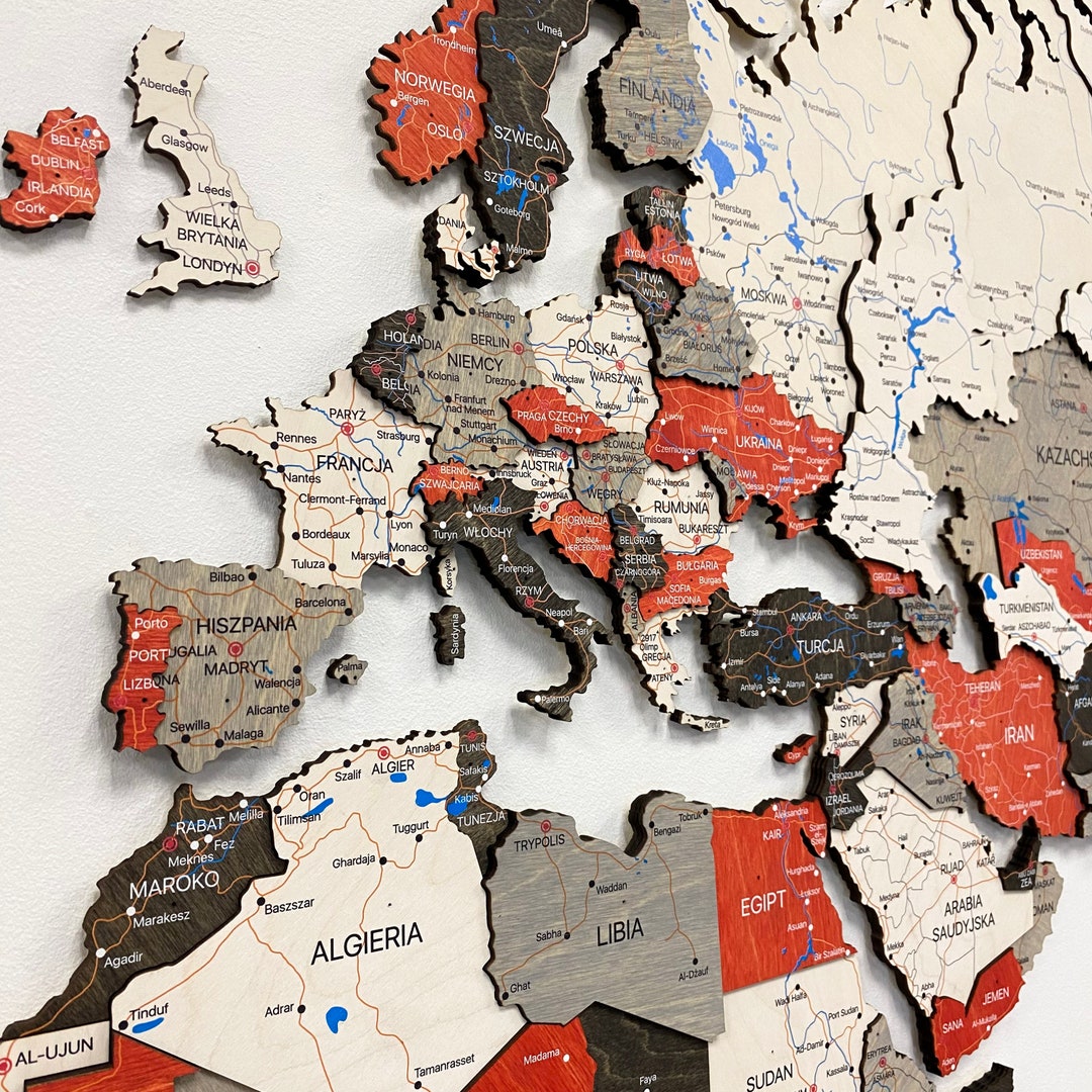 Red 3D Wood World Map, Large World Map for Office, Wooden Travel Map