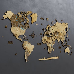 Carte du monde 3D en bois marron à plusieurs niveaux avec base cachée - oeuvres d'art murales en bois pour décoration d'intérieur et cadeaux, carte à épingles, carte de voyage, décoration murale en bois