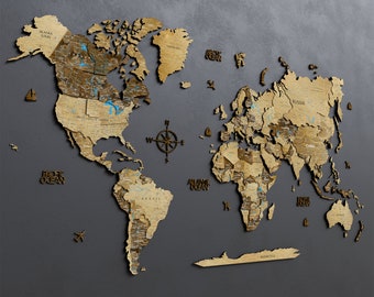 3D Wooden World Map Wall Art: Multilevel Home Decor Travel Map