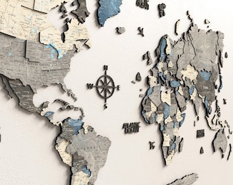 3D Wooden World Map Wall Art, Coastal Blue Nordique Decor, 5th Anniversary Gift, Push Pin Travel Map, Housewarming Above Bed Gift