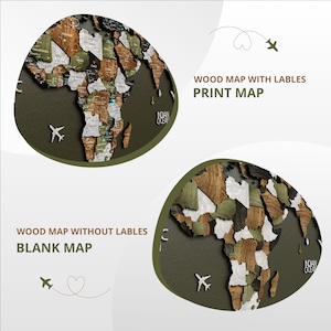 Puede incluir: Dos im&aacute;genes de un mapa del mundo de madera con fondo verde. La imagen superior muestra el mapa con etiquetas de pa&iacute;ses. La imagen inferior muestra el mapa sin etiquetas. El texto "WOOD MAP WITH LABLES PRINT MAP" est&aacute; encima de la imagen superior. El texto "WOOD MAP WITHOUT LABLES BLANK MAP" est&aacute; encima de la imagen inferior.