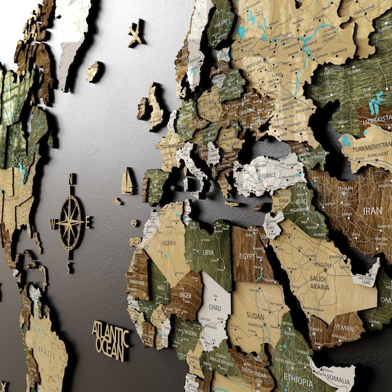 3D Large Wooden World Map Wall Art, Housewarming Travel Gift, Unique Push Pin Map Holoday Gift, Wood World Map Personalized Gift