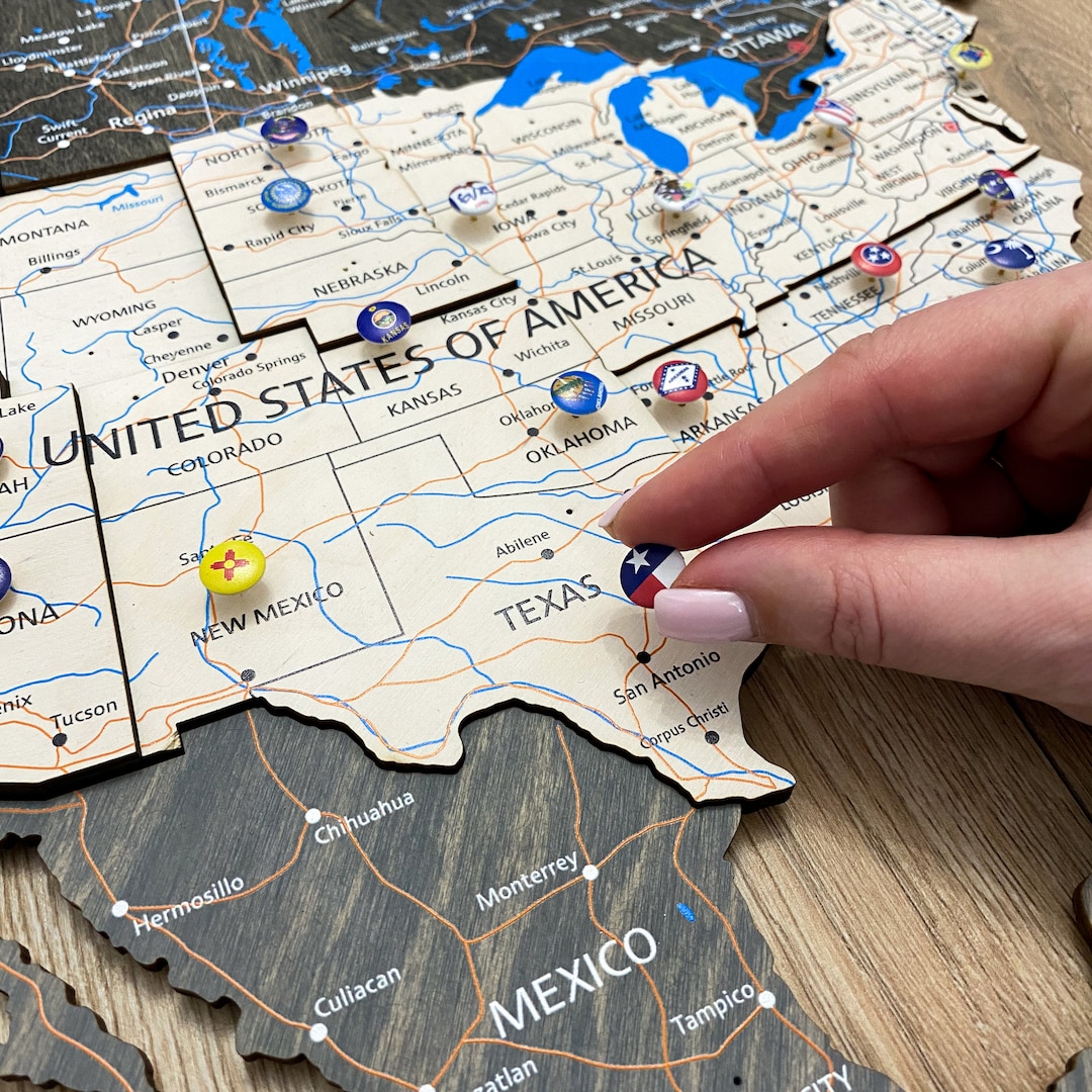 USA Push Pin Map for Wooden World Map or Wood American Map, US Flags ...