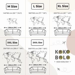Puede incluir: Un gr&aacute;fico que muestra diferentes tama&ntilde;os de un mapa del mundo de madera. Los tama&ntilde;os son M, L, XL, XXL y 2XXL. Las medidas est&aacute;n en pulgadas y cent&iacute;metros. El mapa est&aacute; hecho por KOKO BOLO.