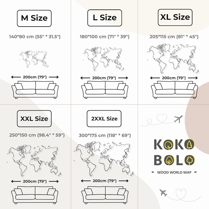 Puede incluir: Un gr&aacute;fico que muestra diferentes tama&ntilde;os de un mapa del mundo de madera. Los tama&ntilde;os son M, L, XL, XXL y 2XXL. Las medidas est&aacute;n en pulgadas y cent&iacute;metros. El mapa est&aacute; hecho por KOKO BOLO.