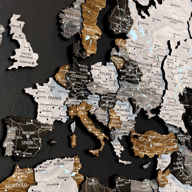 3D Wooden World Map in the Loft Style with detaiked print