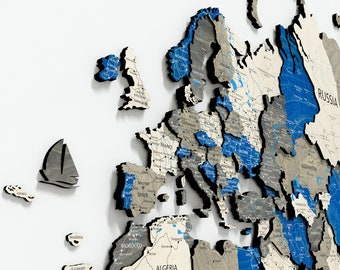 Mapa del mundo de madera de abedul para pared: Decoración de viajes con inscripciones.