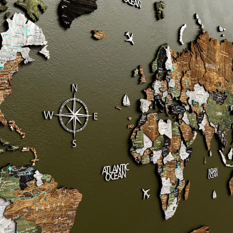High-quality printed names of countries, cities, roads, and rivers on the world map.